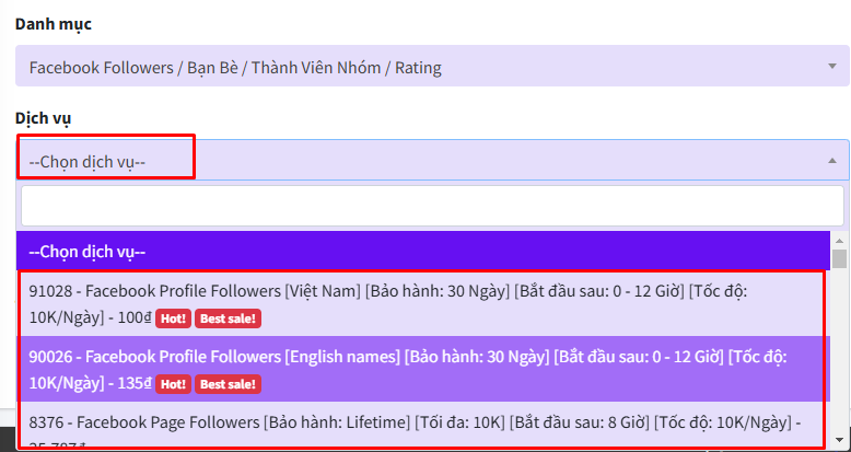 Chọn dịch vụ để mua follow Facebook